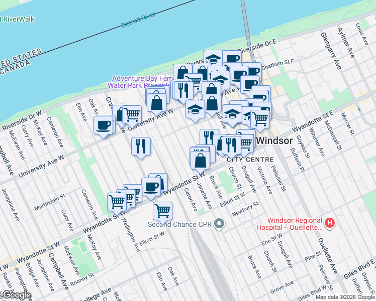 map of restaurants, bars, coffee shops, grocery stores, and more near in Windsor