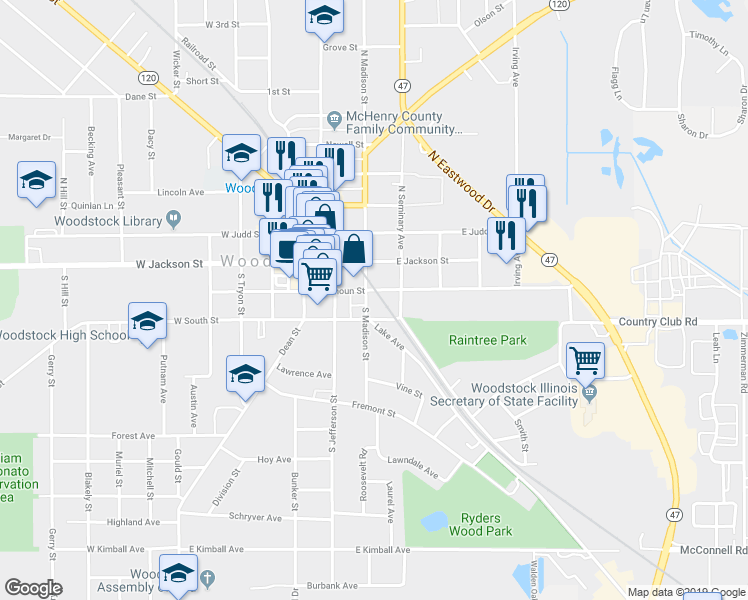 map of restaurants, bars, coffee shops, grocery stores, and more near 211 South Madison Street in Woodstock