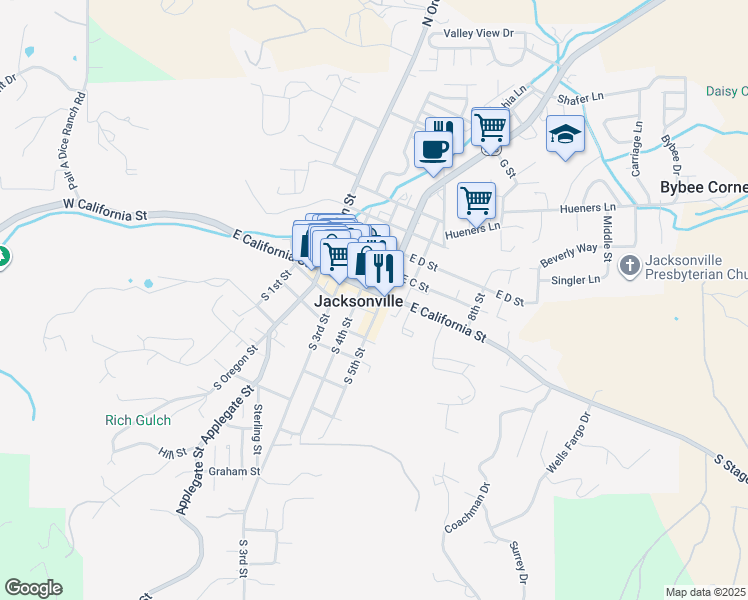 map of restaurants, bars, coffee shops, grocery stores, and more near 240 East California Street in Jacksonville