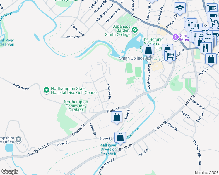 map of restaurants, bars, coffee shops, grocery stores, and more near 71 Olander Drive in Northampton