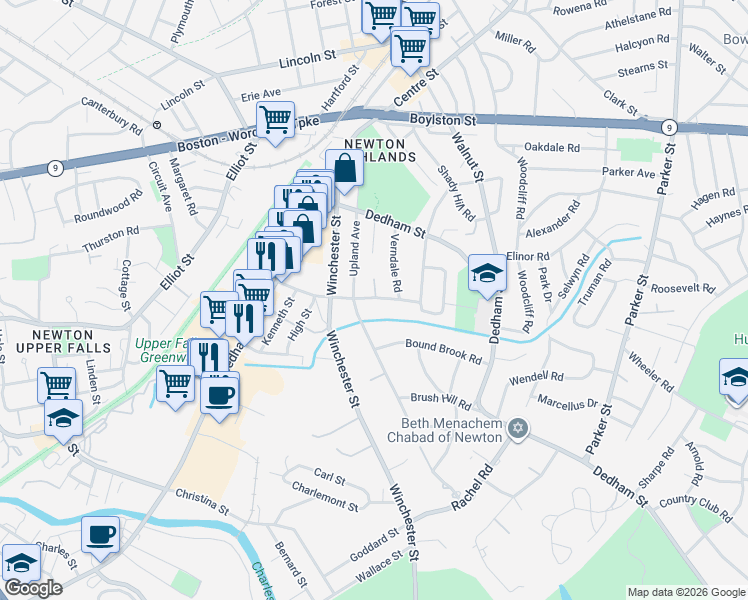 map of restaurants, bars, coffee shops, grocery stores, and more near in Newton