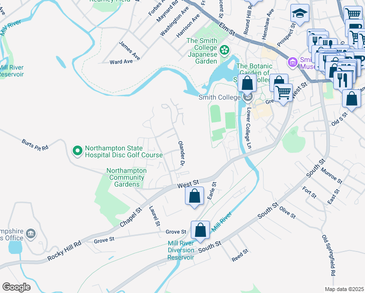 map of restaurants, bars, coffee shops, grocery stores, and more near 71 Olander Drive in Northampton