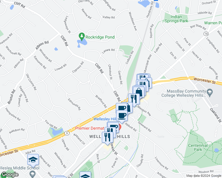 map of restaurants, bars, coffee shops, grocery stores, and more near 24 Cliff Road in Wellesley