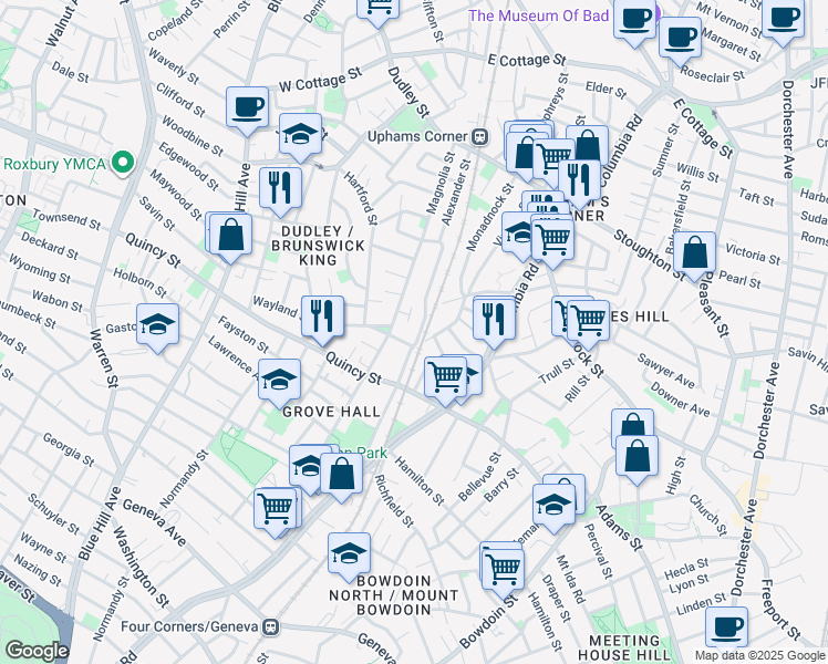 map of restaurants, bars, coffee shops, grocery stores, and more near 127 Alexander Street in Boston