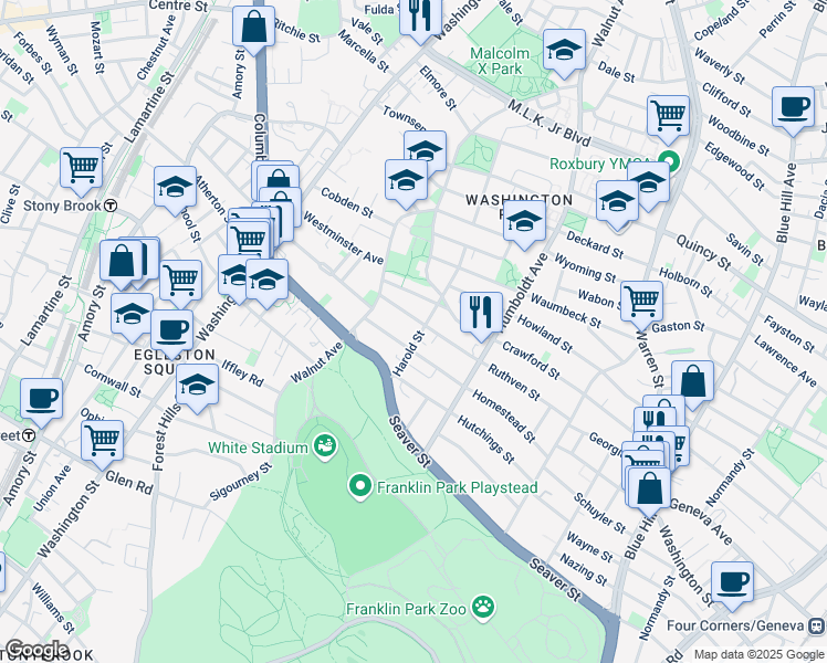 map of restaurants, bars, coffee shops, grocery stores, and more near 225 Harold Street in Boston