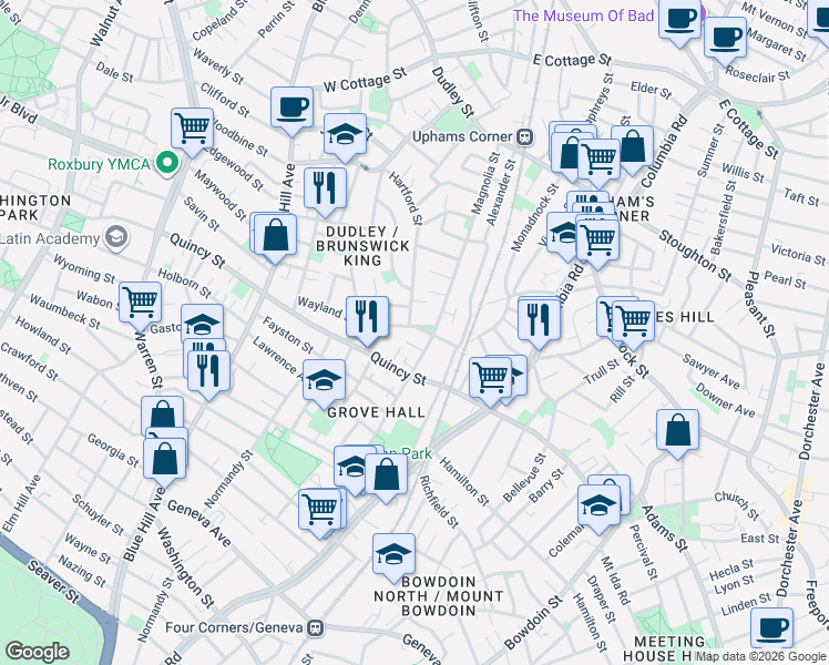map of restaurants, bars, coffee shops, grocery stores, and more near 22 Wayland Street in Boston