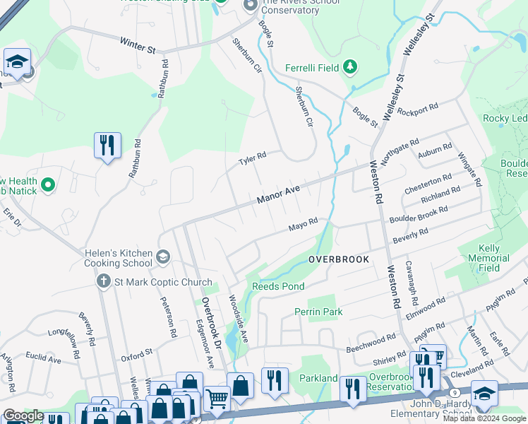 map of restaurants, bars, coffee shops, grocery stores, and more near 25 Evergreen Avenue in Wellesley