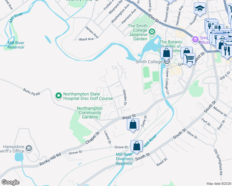 map of restaurants, bars, coffee shops, grocery stores, and more near 27 Moser Street in Northampton