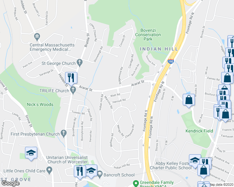 map of restaurants, bars, coffee shops, grocery stores, and more near 8 Westinghouse Parkway in Worcester
