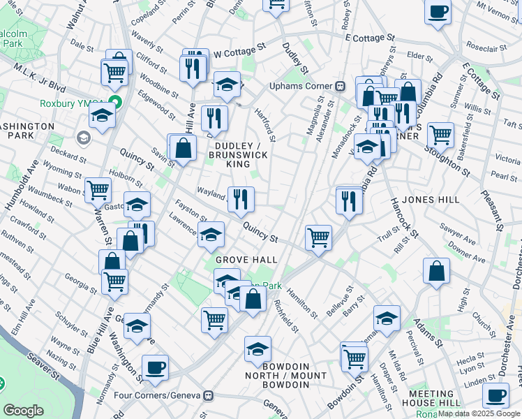map of restaurants, bars, coffee shops, grocery stores, and more near 40 Wayland Street in Boston