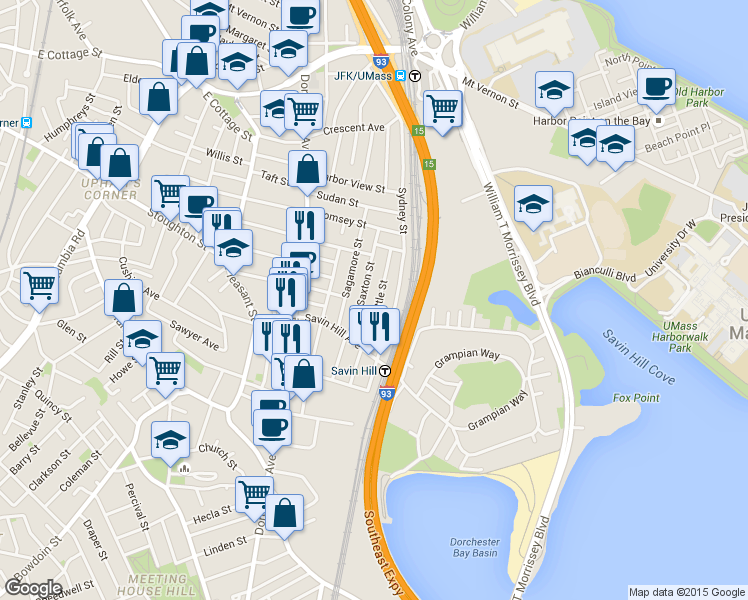 map of restaurants, bars, coffee shops, grocery stores, and more near 47 Tuttle Street in Boston