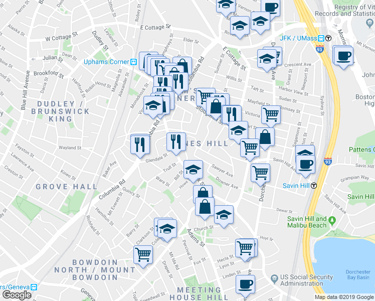 map of restaurants, bars, coffee shops, grocery stores, and more near 17 Rowell Street in Boston