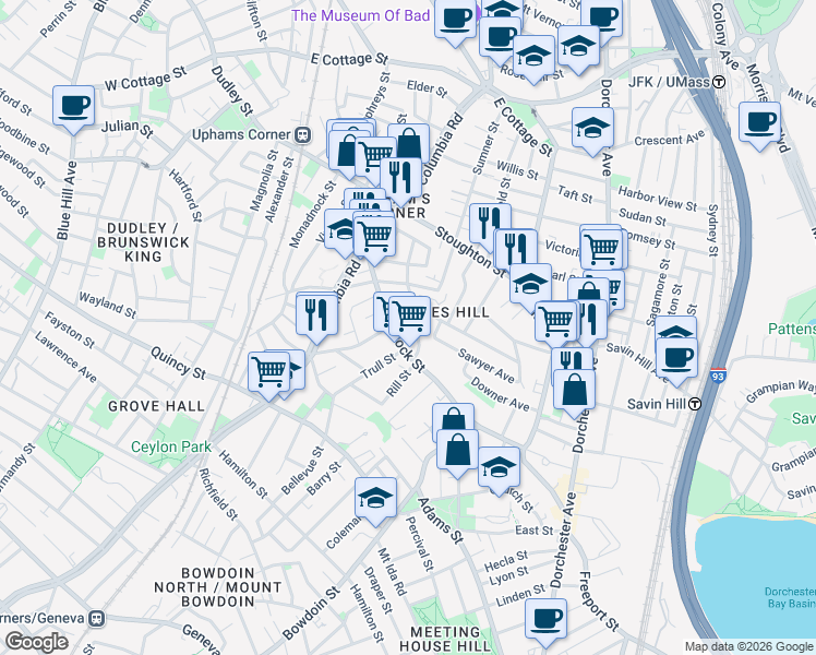 map of restaurants, bars, coffee shops, grocery stores, and more near 17 Rowell Street in Boston