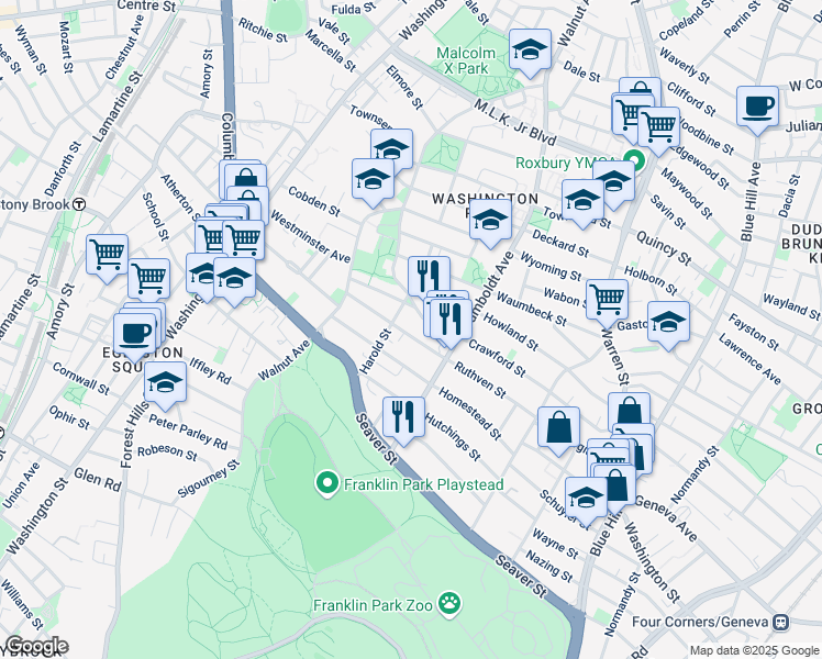 map of restaurants, bars, coffee shops, grocery stores, and more near 102 Crawford Street in Boston
