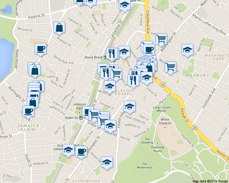 map of restaurants, bars, coffee shops, grocery stores, and more near 38 Brookside Avenue in Boston