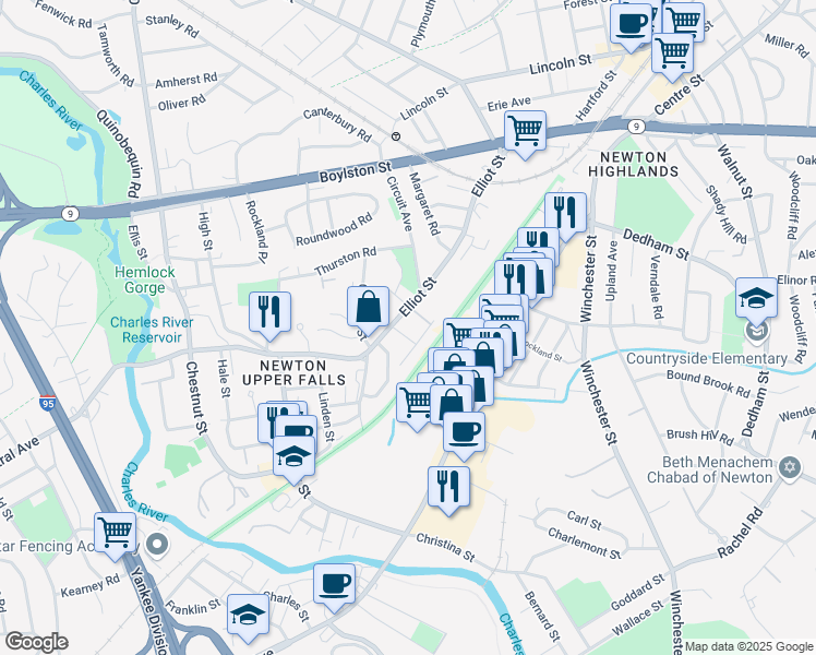 map of restaurants, bars, coffee shops, grocery stores, and more near 19 Chandler Place in Newton