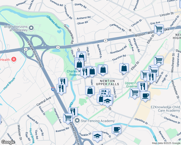 map of restaurants, bars, coffee shops, grocery stores, and more near 35 High Street in Newton