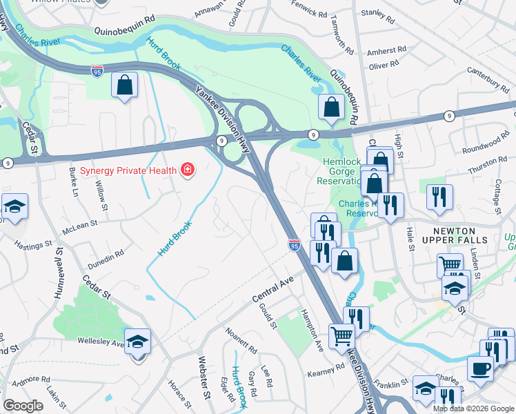 map of restaurants, bars, coffee shops, grocery stores, and more near 27 Sherman Street in Needham