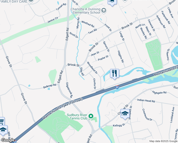 map of restaurants, bars, coffee shops, grocery stores, and more near 72 Elda Road in Framingham