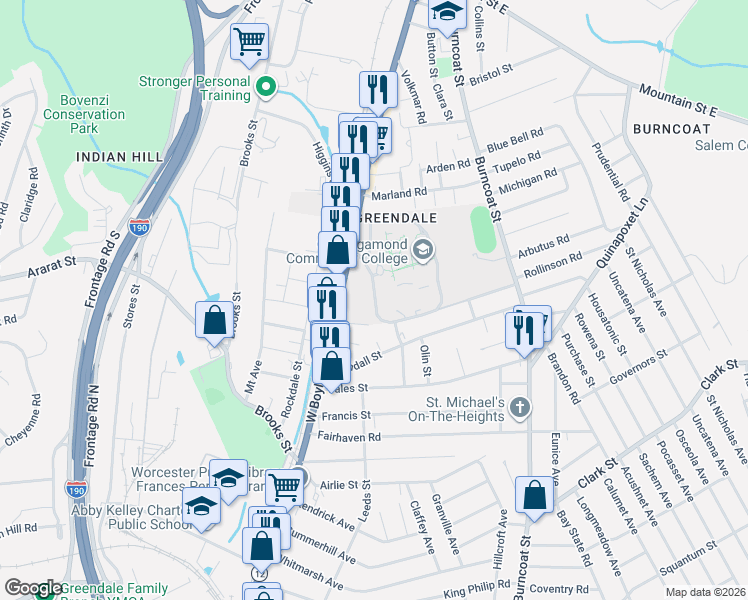 map of restaurants, bars, coffee shops, grocery stores, and more near 33-59 Assumption Avenue in Worcester