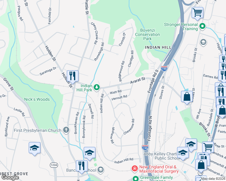 map of restaurants, bars, coffee shops, grocery stores, and more near 8 Westinghouse Parkway in Worcester