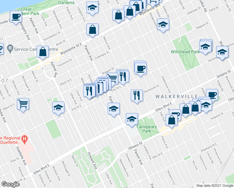 map of restaurants, bars, coffee shops, grocery stores, and more near 1043 Langlois Avenue in Windsor