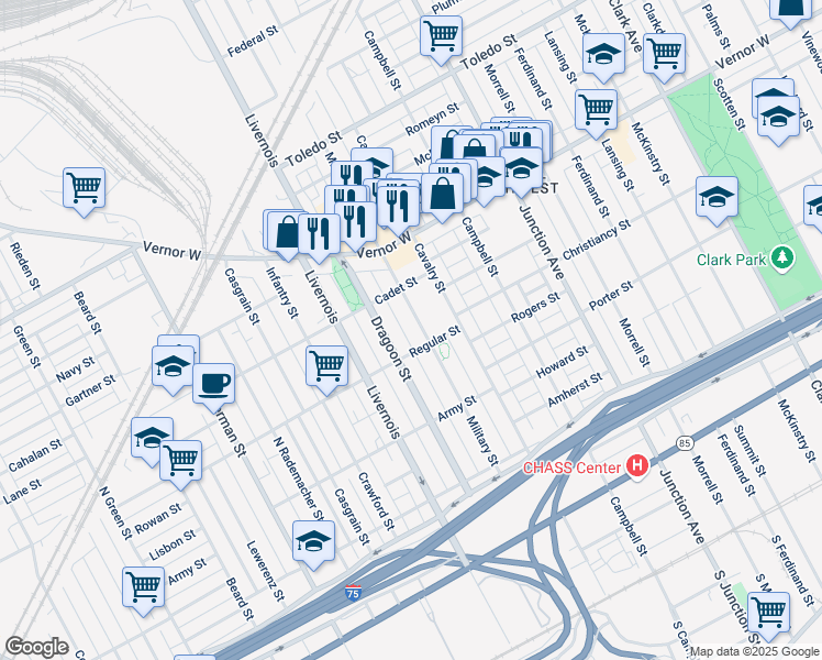 map of restaurants, bars, coffee shops, grocery stores, and more near 1564 Dragoon Street in Detroit