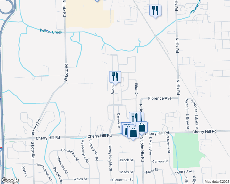 map of restaurants, bars, coffee shops, grocery stores, and more near 694 Superior Parkway in Westland