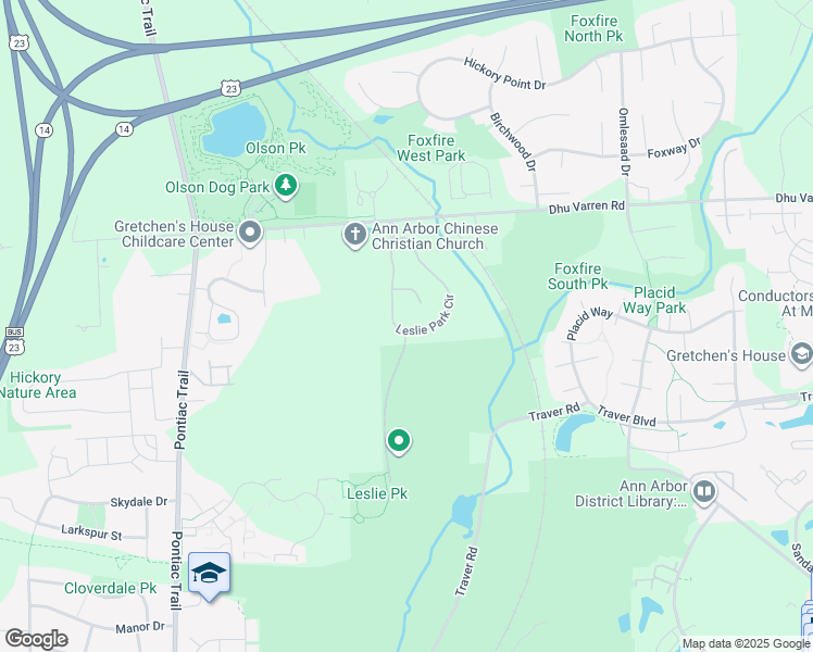 map of restaurants, bars, coffee shops, grocery stores, and more near 2893 Leslie Park Circle in Ann Arbor