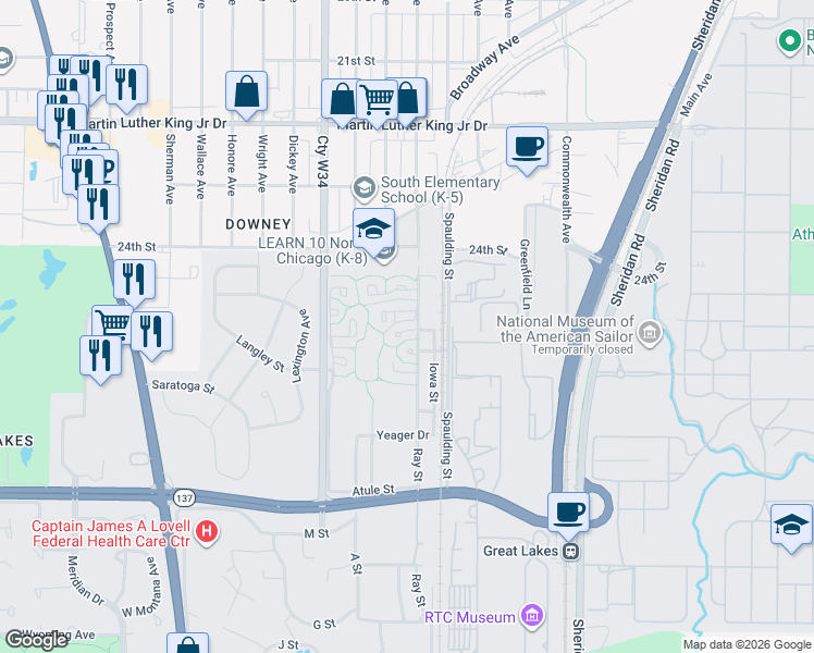 map of restaurants, bars, coffee shops, grocery stores, and more near 2222 Commonwealth Avenue in North Chicago