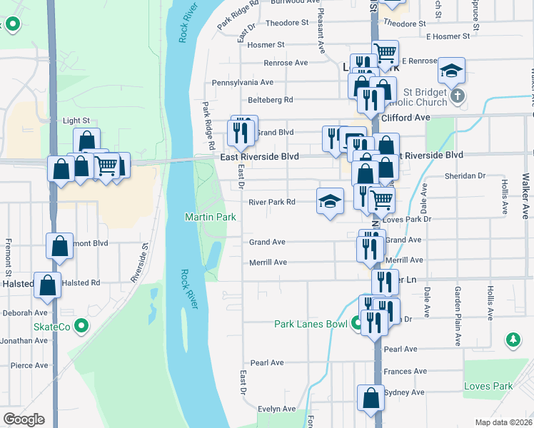 map of restaurants, bars, coffee shops, grocery stores, and more near 221 River Park Road in Loves Park