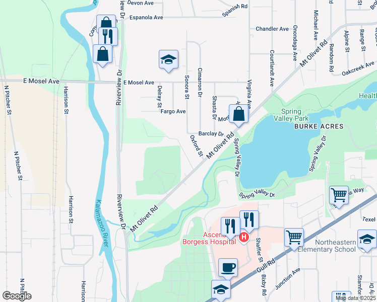 map of restaurants, bars, coffee shops, grocery stores, and more near 2228 Regent Street in Kalamazoo