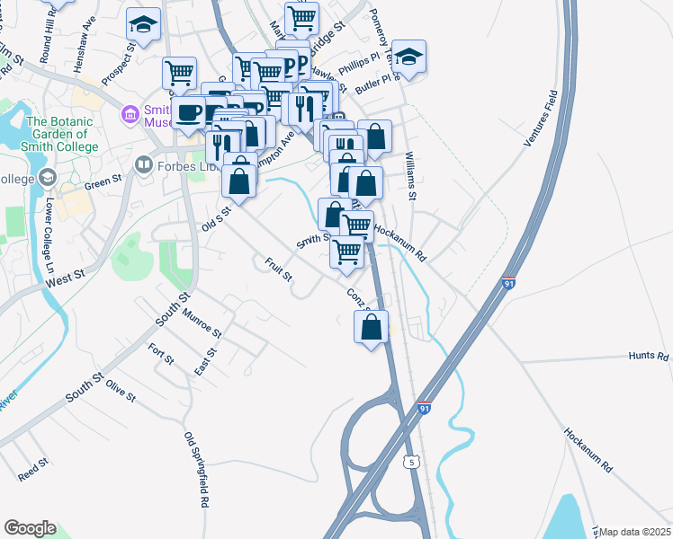 map of restaurants, bars, coffee shops, grocery stores, and more near 90 Conz Street in Northampton