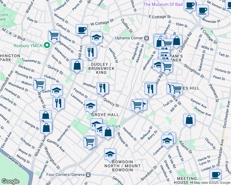 map of restaurants, bars, coffee shops, grocery stores, and more near 22 Wayland Street in Boston