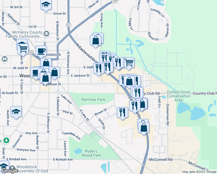 map of restaurants, bars, coffee shops, grocery stores, and more near 666 East Calhoun Street in Woodstock
