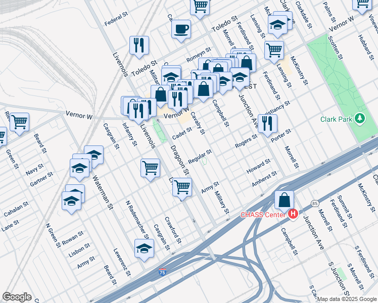 map of restaurants, bars, coffee shops, grocery stores, and more near 1564 Dragoon Street in Detroit