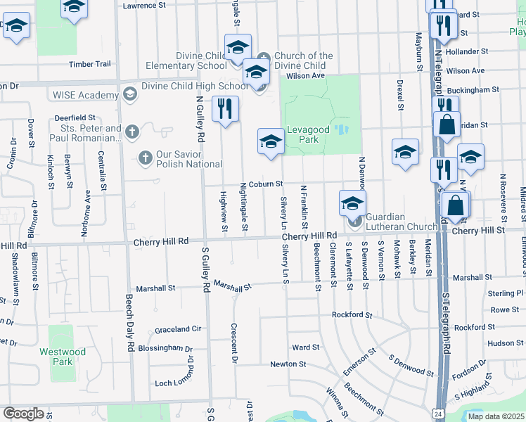 map of restaurants, bars, coffee shops, grocery stores, and more near 229 Robindale Avenue in Dearborn