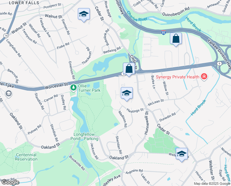 map of restaurants, bars, coffee shops, grocery stores, and more near 60 Hastings Street in Wellesley