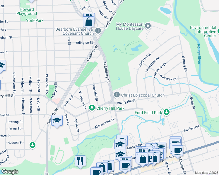 map of restaurants, bars, coffee shops, grocery stores, and more near 311 North Military Street in Dearborn
