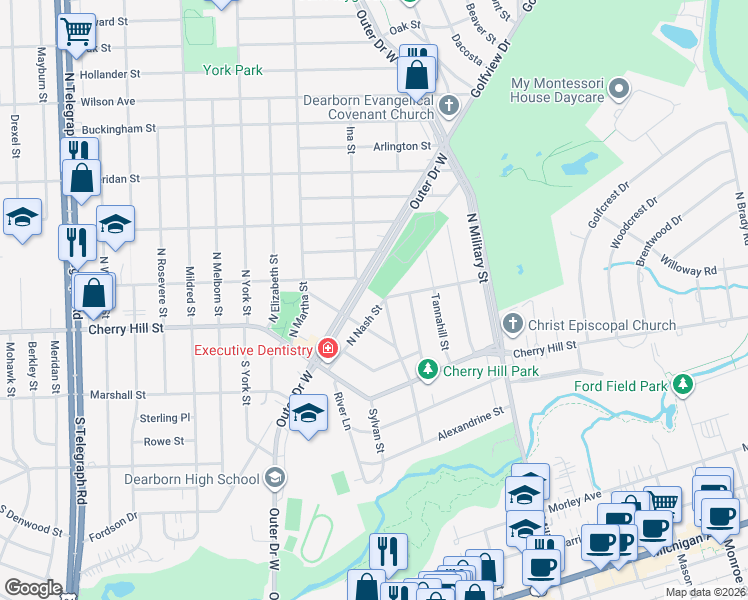 map of restaurants, bars, coffee shops, grocery stores, and more near 361 North Nash Street in Dearborn