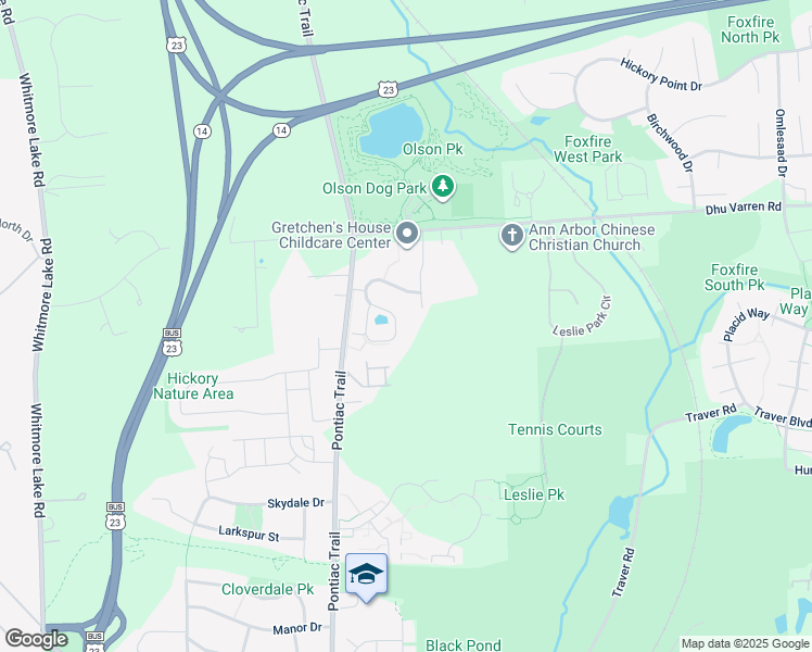 map of restaurants, bars, coffee shops, grocery stores, and more near 2704 South Knightsbridge Circle in Ann Arbor