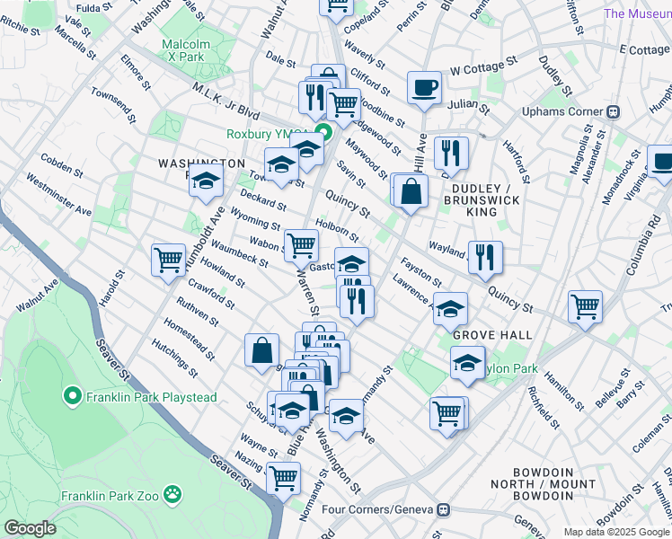 map of restaurants, bars, coffee shops, grocery stores, and more near 17 Gaston Street in Boston