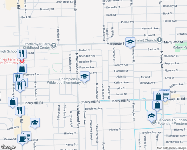 map of restaurants, bars, coffee shops, grocery stores, and more near 34125 Florence Street in Westland