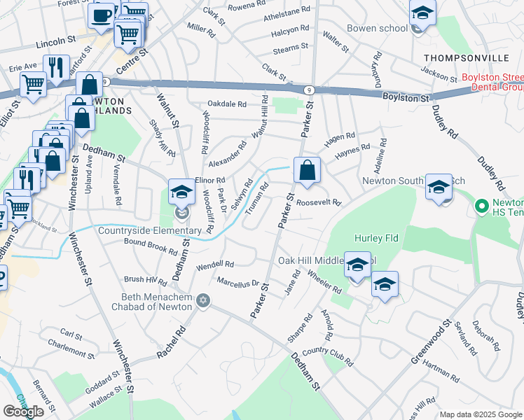 map of restaurants, bars, coffee shops, grocery stores, and more near 154 Truman Road in Newton
