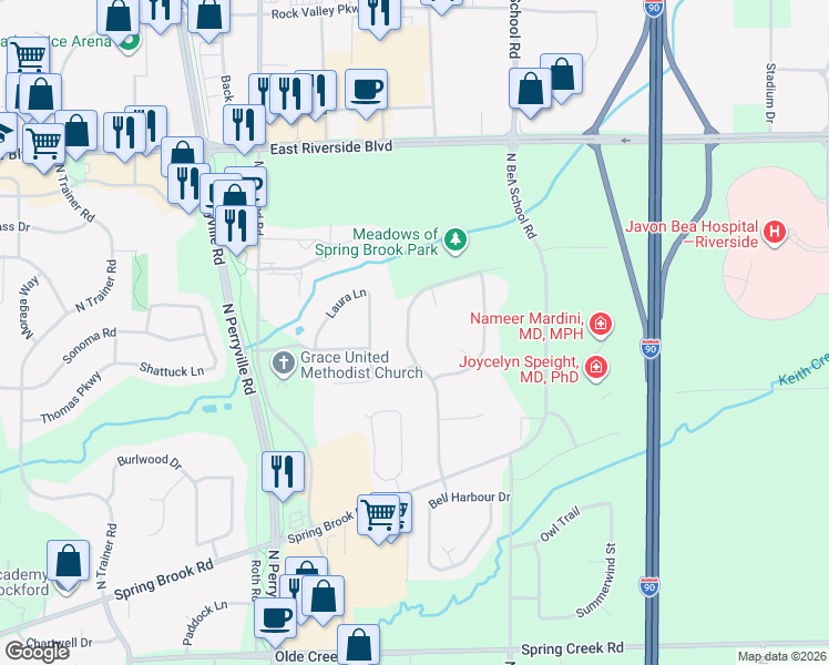 map of restaurants, bars, coffee shops, grocery stores, and more near 3621 Springwheat Street in Rockford