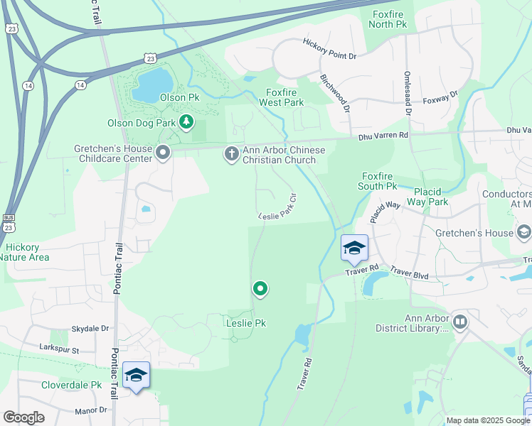 map of restaurants, bars, coffee shops, grocery stores, and more near 2893 Leslie Park Circle in Ann Arbor
