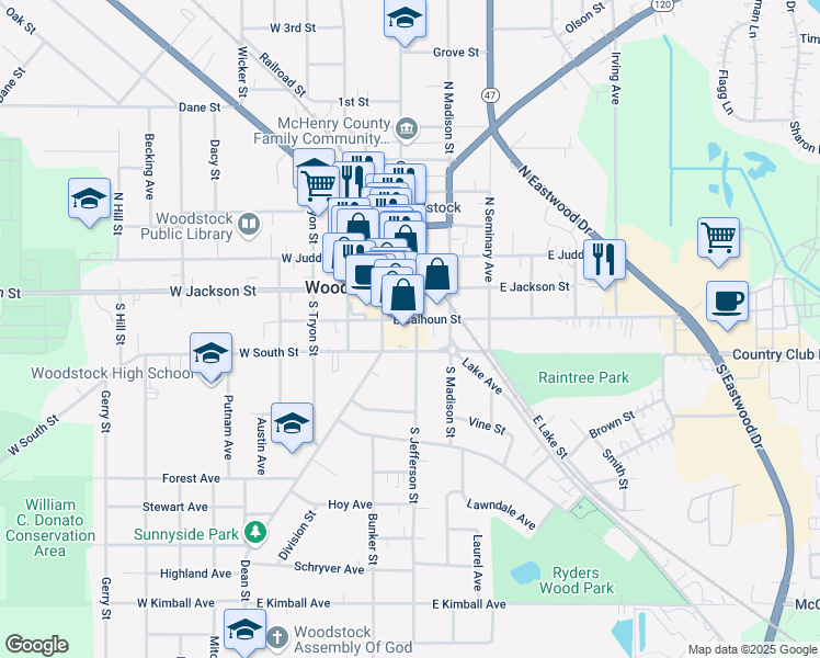 map of restaurants, bars, coffee shops, grocery stores, and more near 210 South Jefferson Street in Woodstock