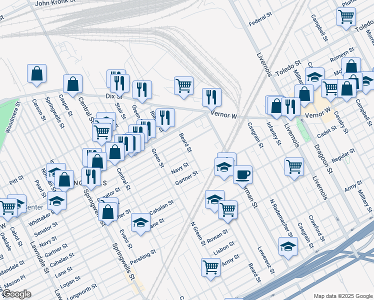 map of restaurants, bars, coffee shops, grocery stores, and more near 2117 Beard Street in Detroit