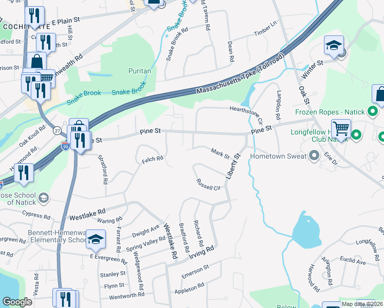 map of restaurants, bars, coffee shops, grocery stores, and more near 3 Mark Street in Natick