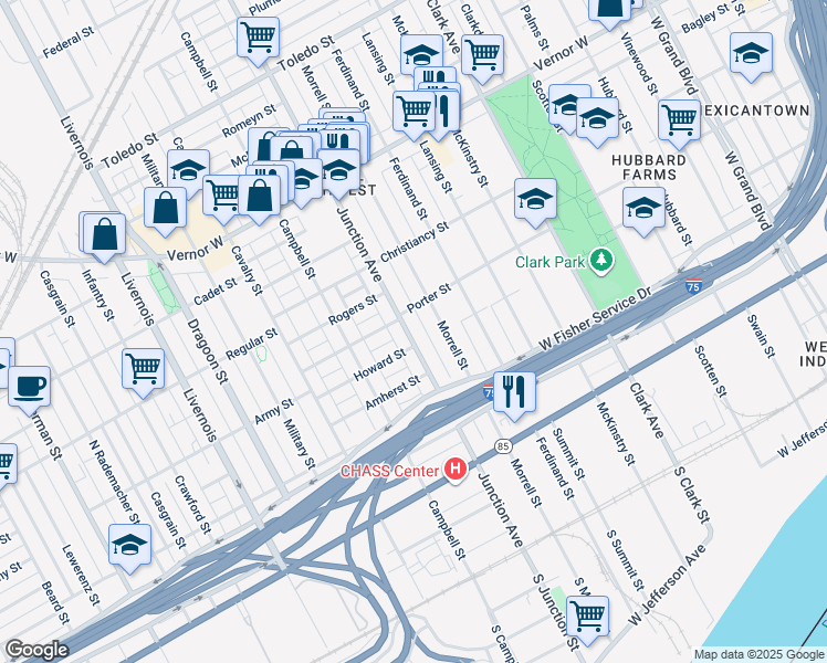 map of restaurants, bars, coffee shops, grocery stores, and more near 1220 Junction Avenue in Detroit